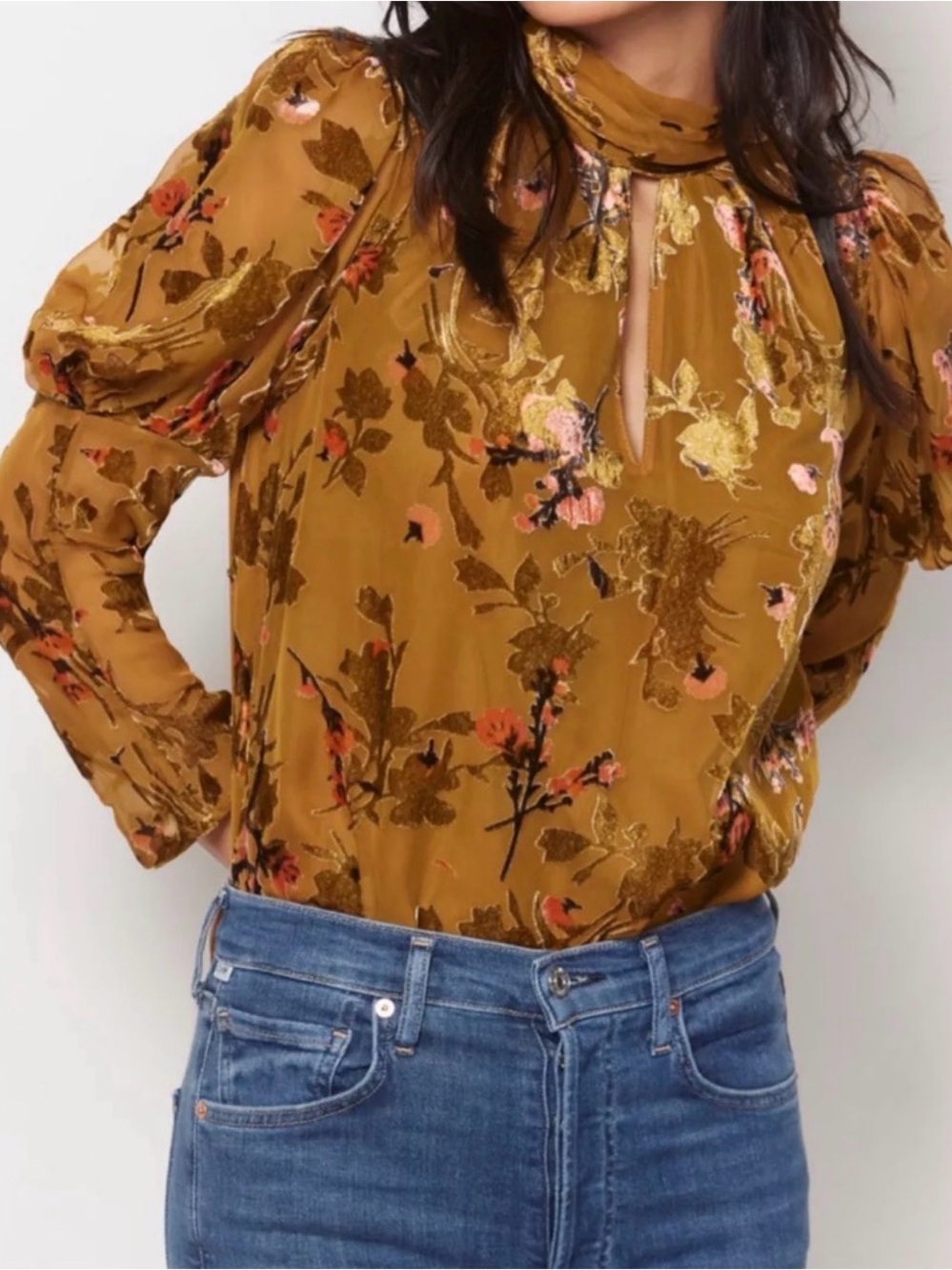 French Connection Guthren Velvet Burnout Floral Top Small Gold Brown NWT